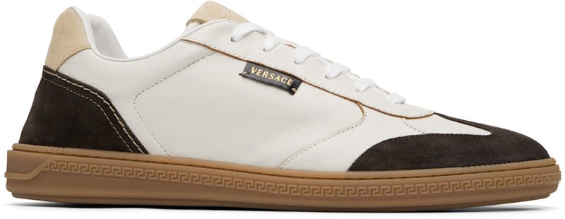 Brown & White Greca Court Nappa Suede Sneakers 262404M237007