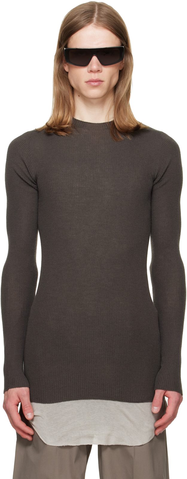 Gray Tower Ribbed Round Neck Sweater 262232M201024