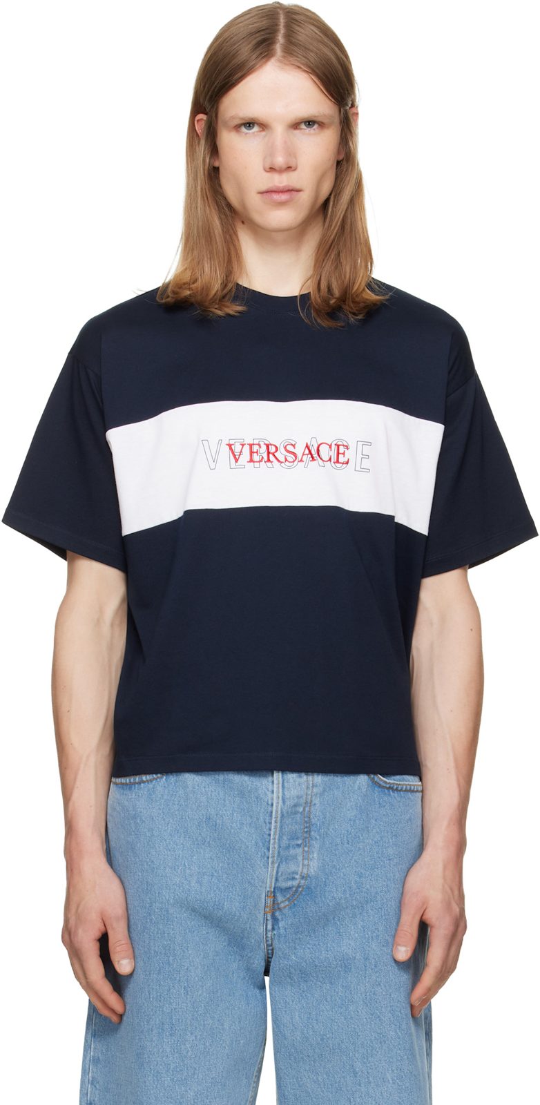 Navy Intarsia Cotton-Jersey Regular T-shirt 262404M213011