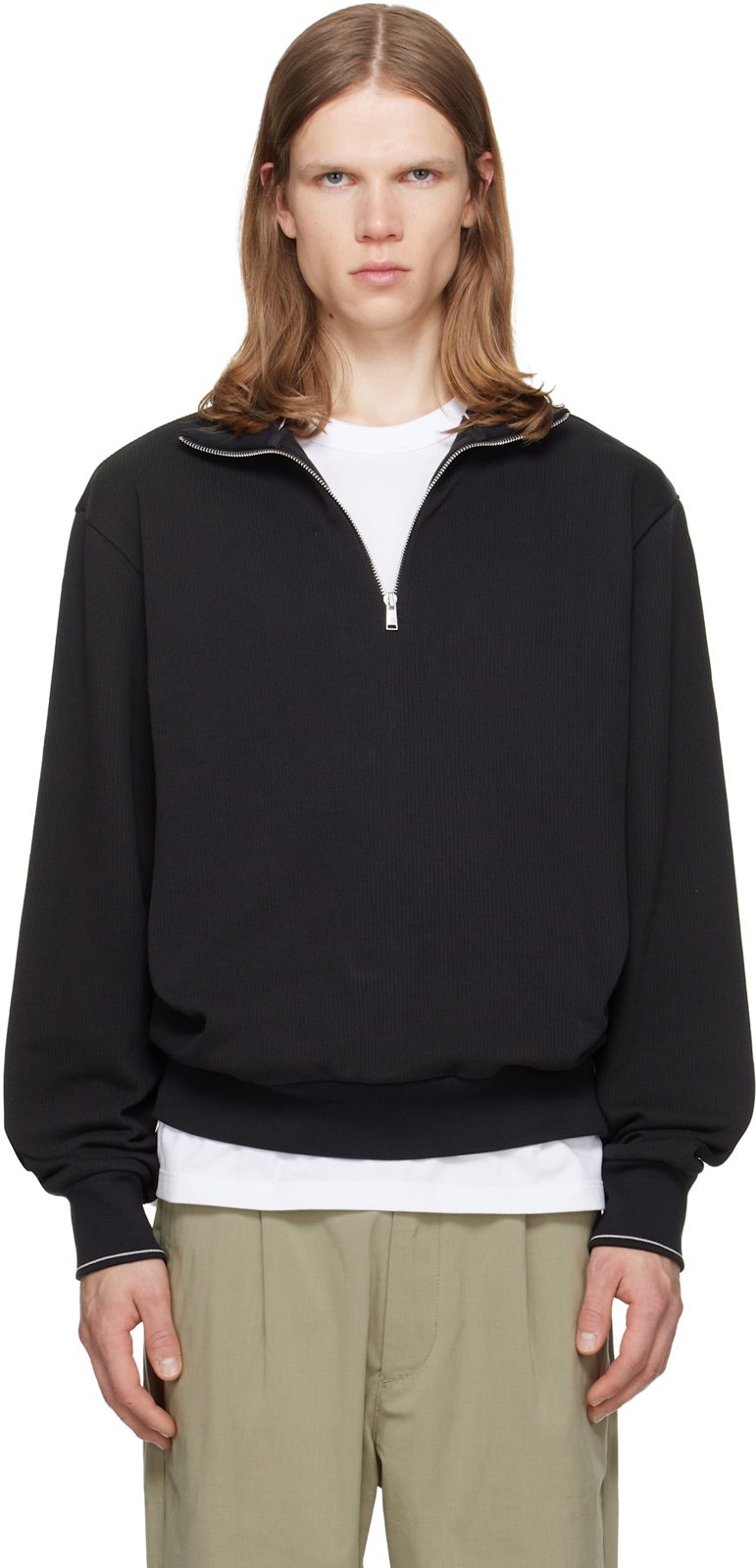 Black Zipper Neck Structured Cotton Sweatshirt 262085M202003