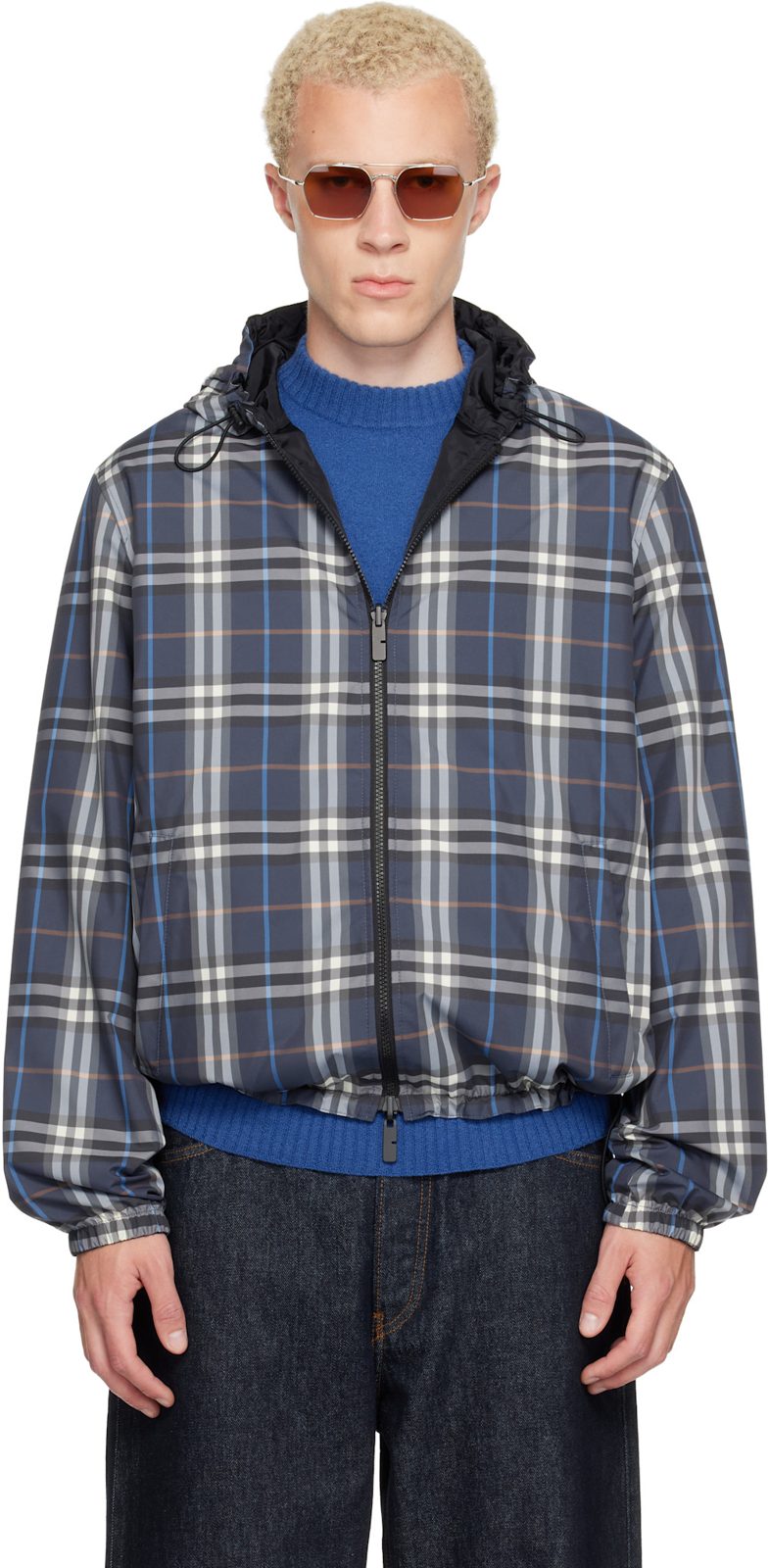 Navy Check Newport Hooded Reversible Jacket 262376M180002