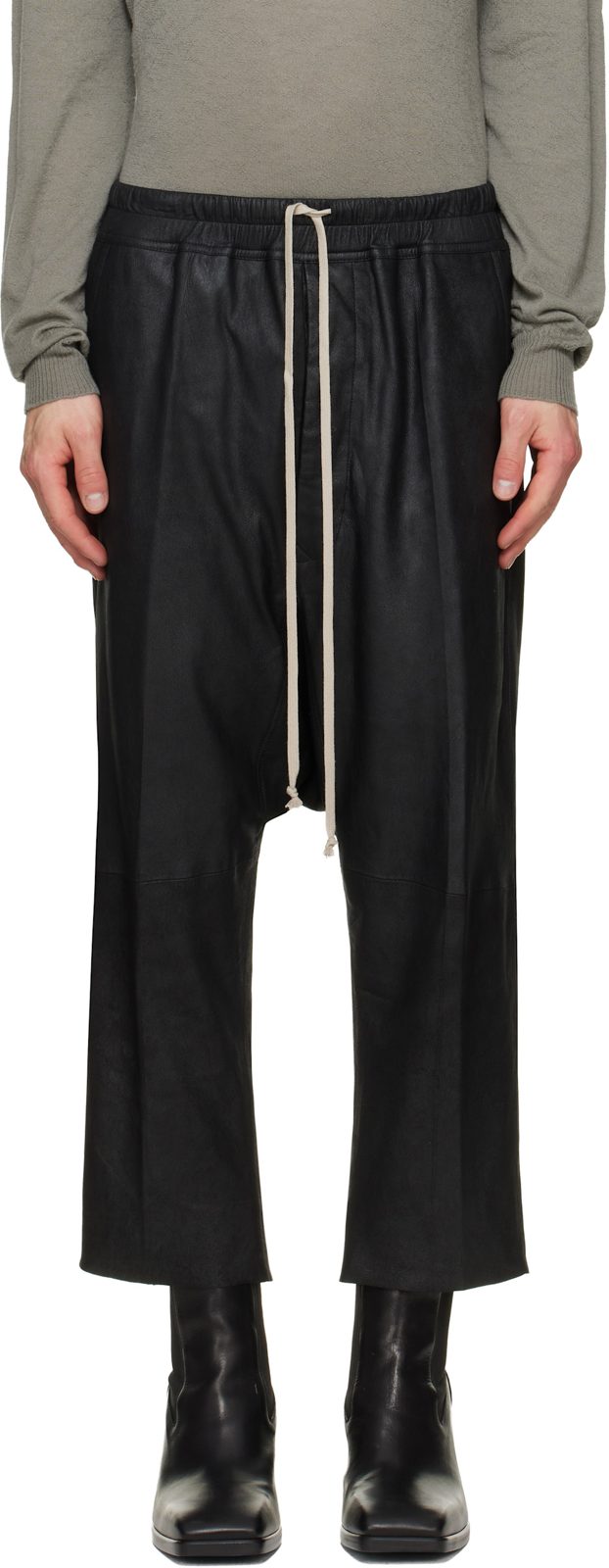 Black Tower Drawstring Cropped Leather Pants 262232M189016