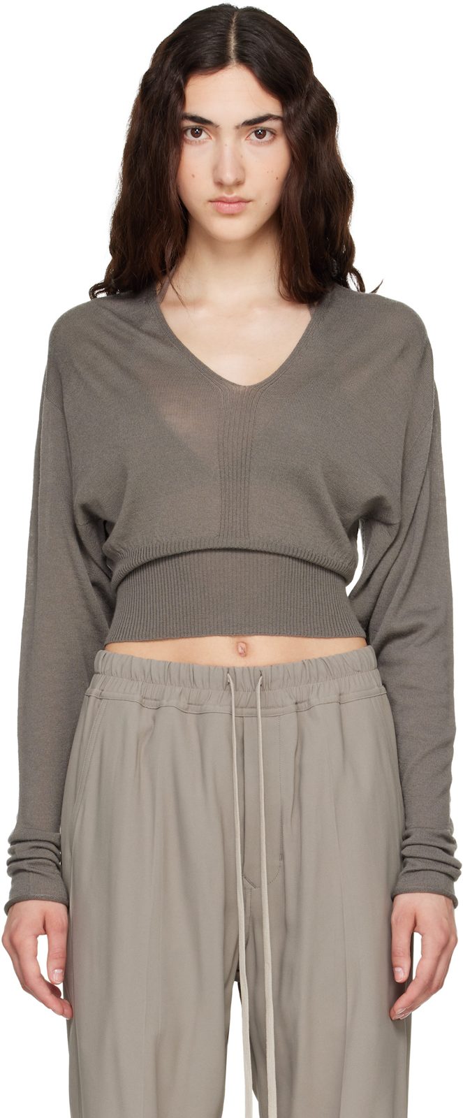 Taupe Tower V Cropped Sweater 262232F100003