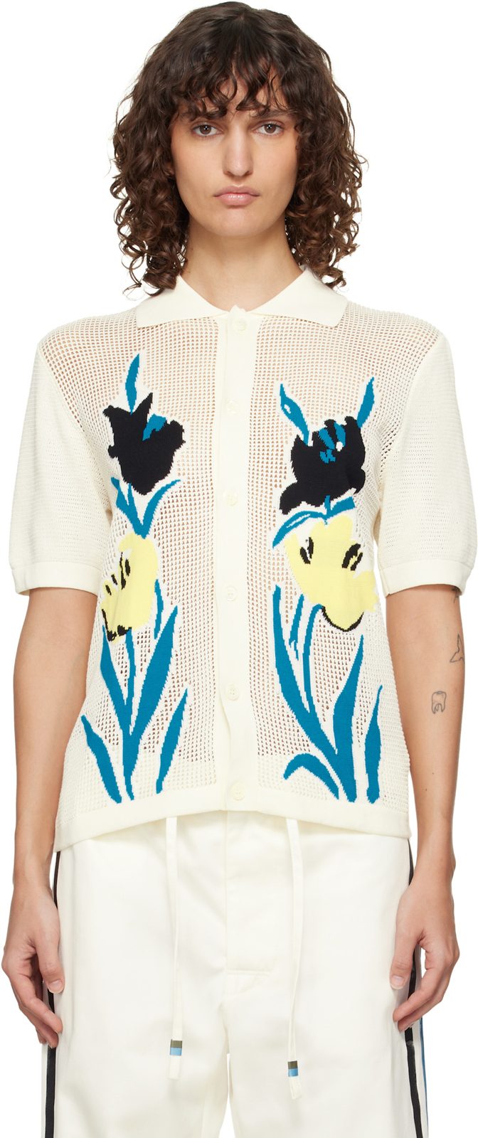 Marni Beige Polo-Collar & Flowers Shirt 261379F095001