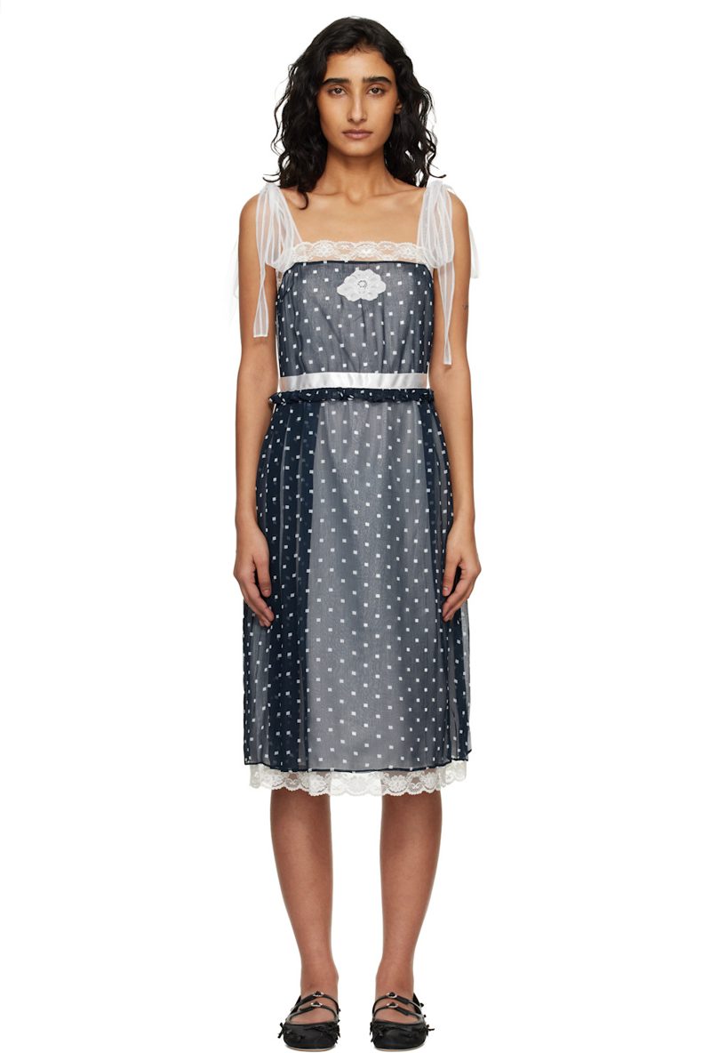 Navy Ribbon Strap Chiffon Midi Dress 261190F054000
