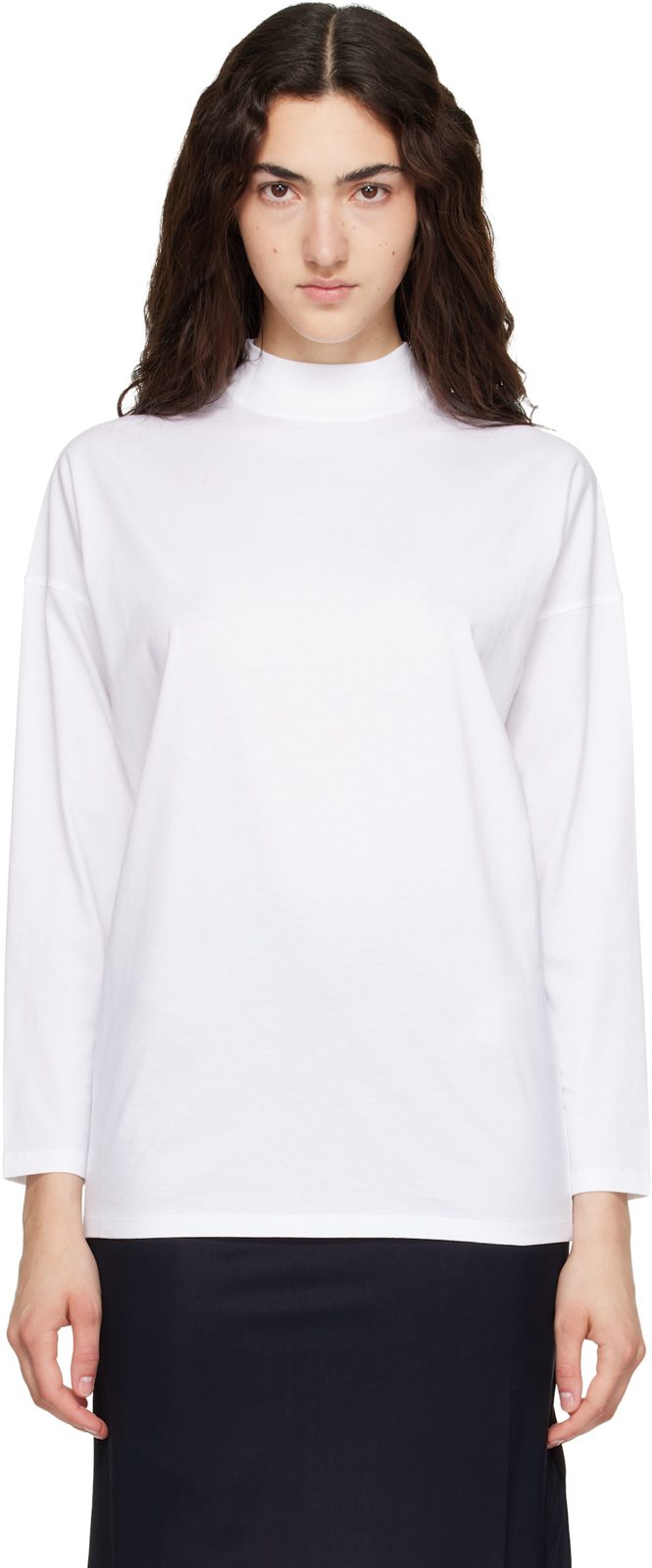 White Long Sleeves Mock Neck Boxy Fit T-shirt 262249F110010