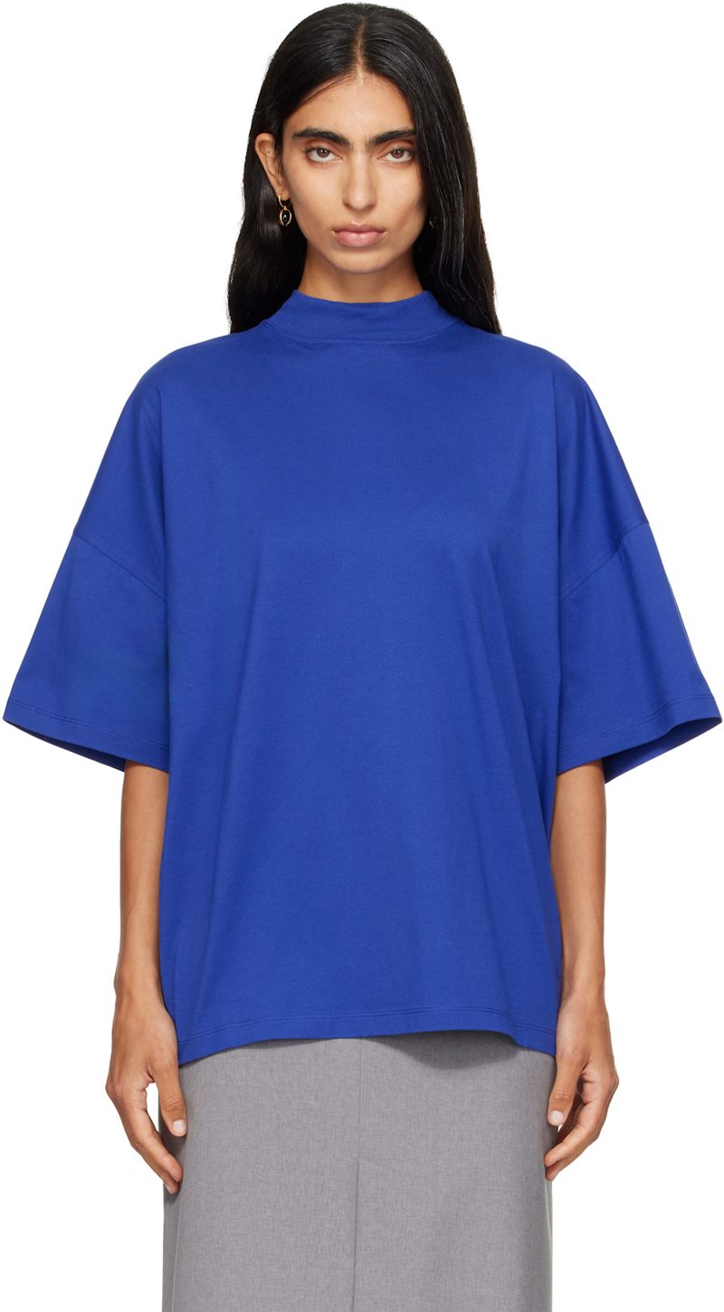 Blue Cotton Mock-Neck T-shirt 262249F110007