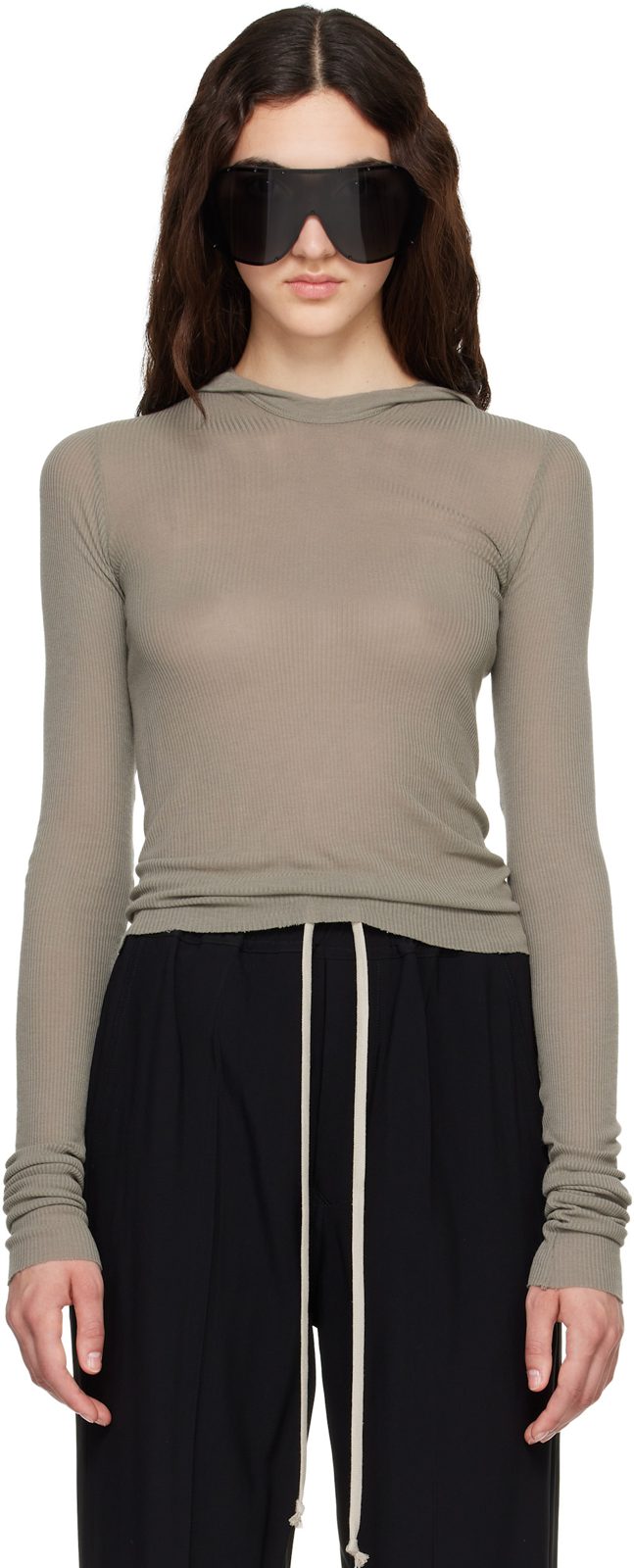 Taupe Tower Cropped Hooded Rib LS T-shirt 262232F110018
