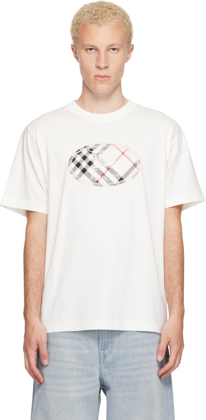 White Check Knight Stamp Cotton T-shirt 262376M213002
