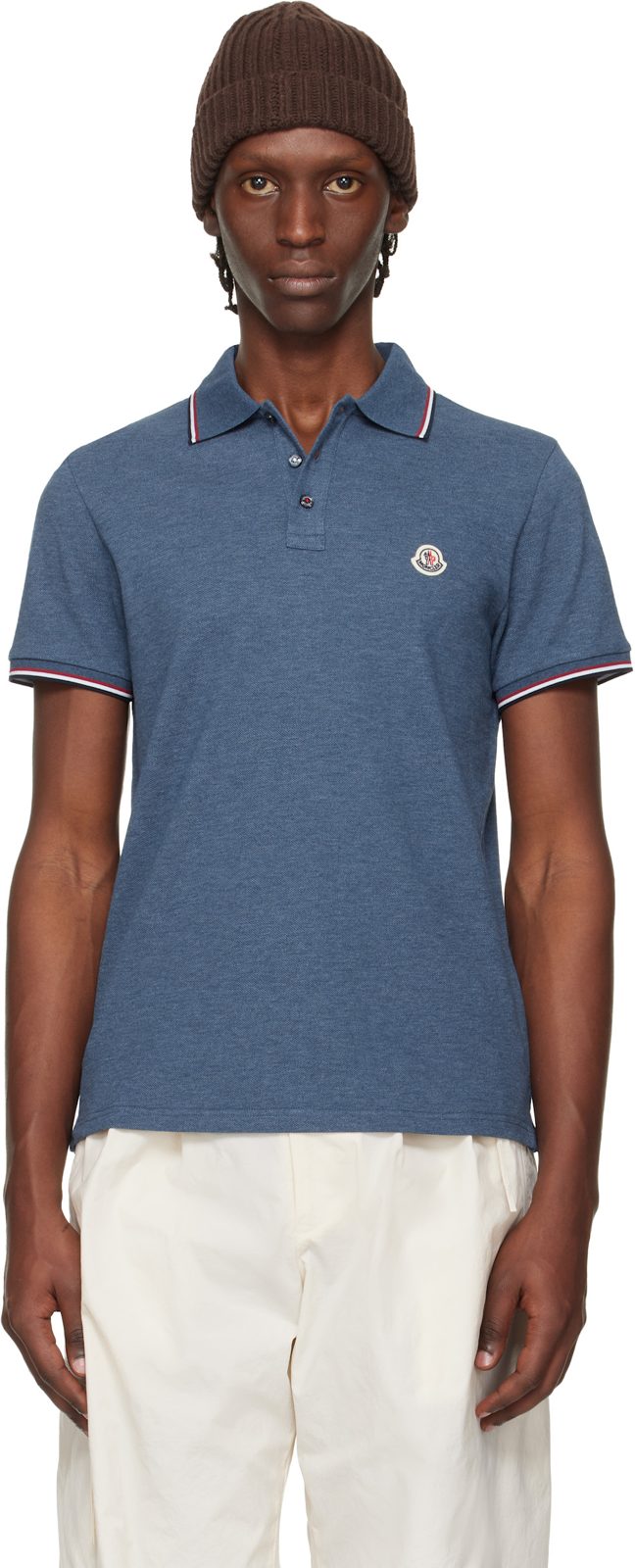 Blue Tricolor-Trimmed Cotton Piquet Polo 261111M212006