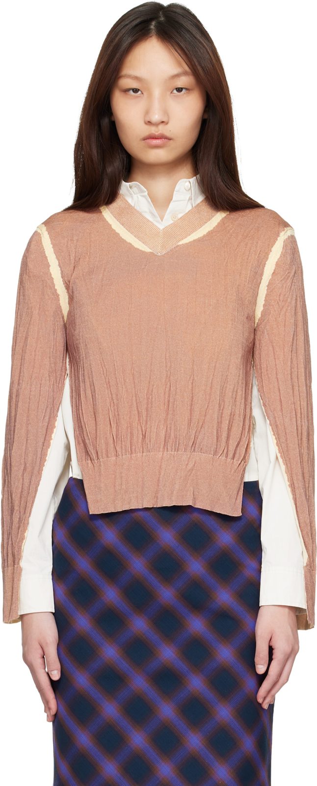 Tan Wrinkled V-Neck Sweater 261129F100007