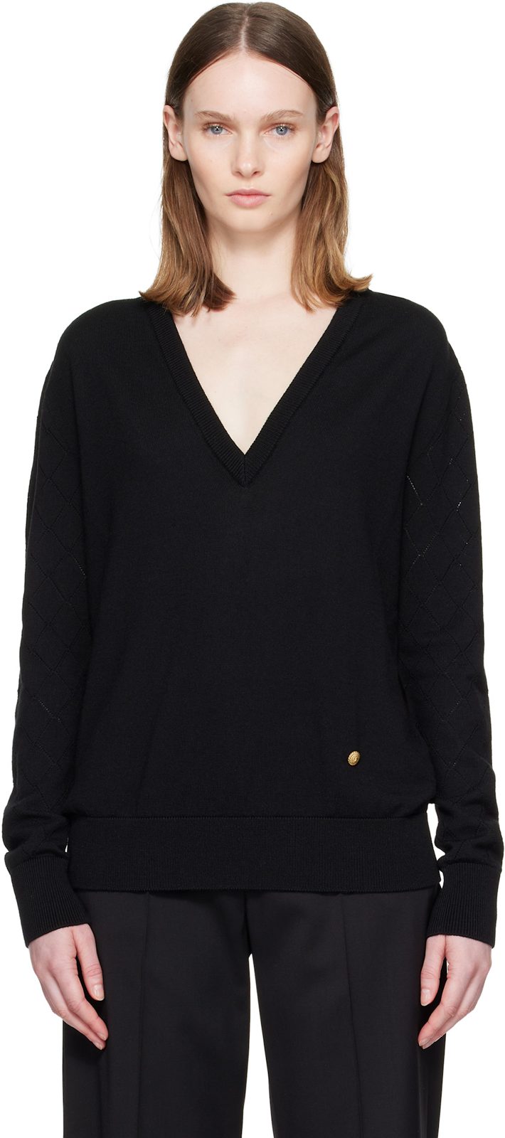 Black V-Neck Light Sweater 262251F100000