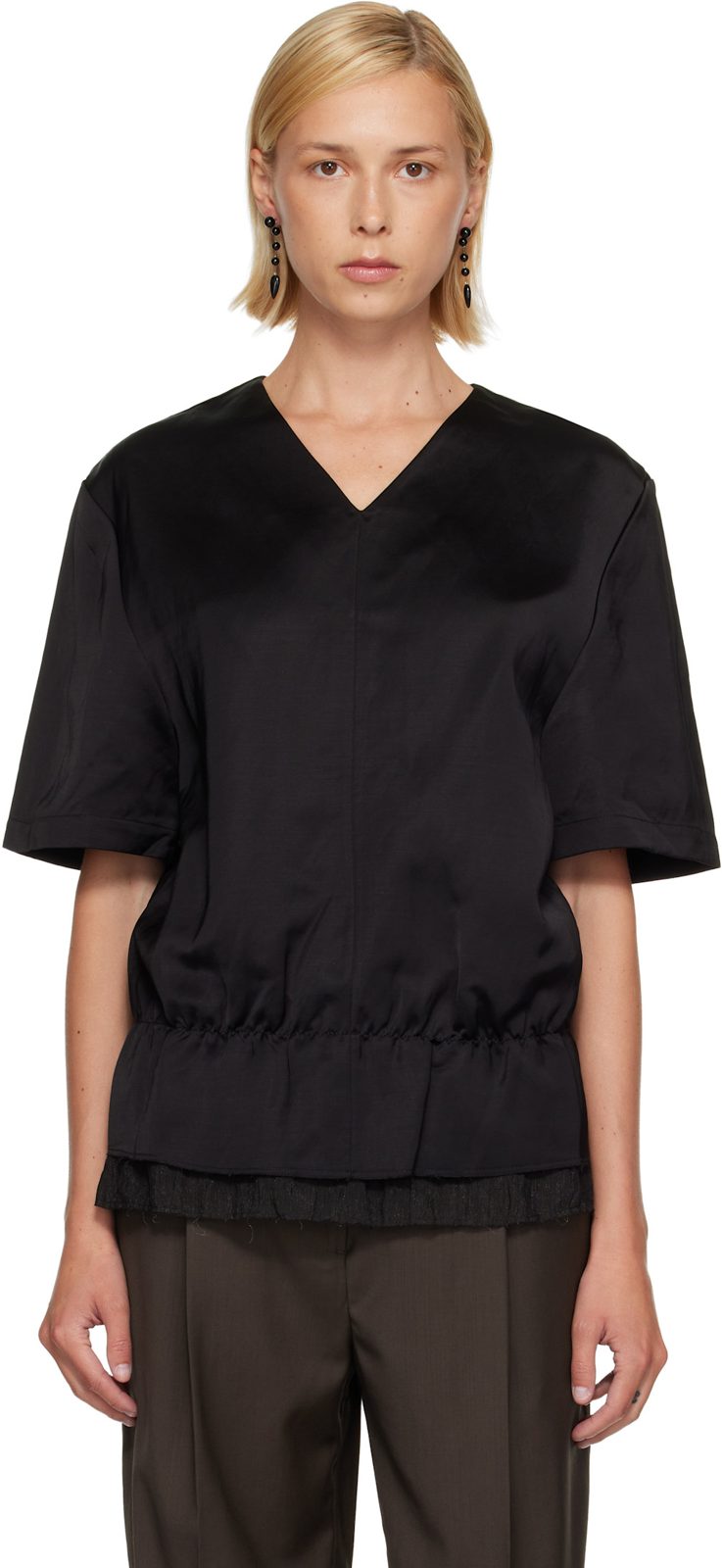 TOTEME Black V-Neck Satin Pullover Top 261771F100002