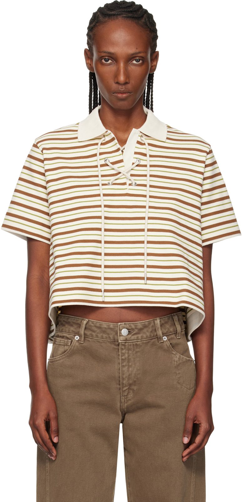 오프화이트 & Brown Striped Cotton Polo 261111F108000
