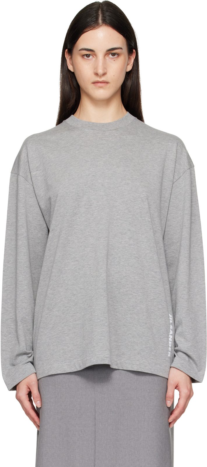 Gray Long Sleeve Crew Neck Boxy Fit T-shirt 262249F110003