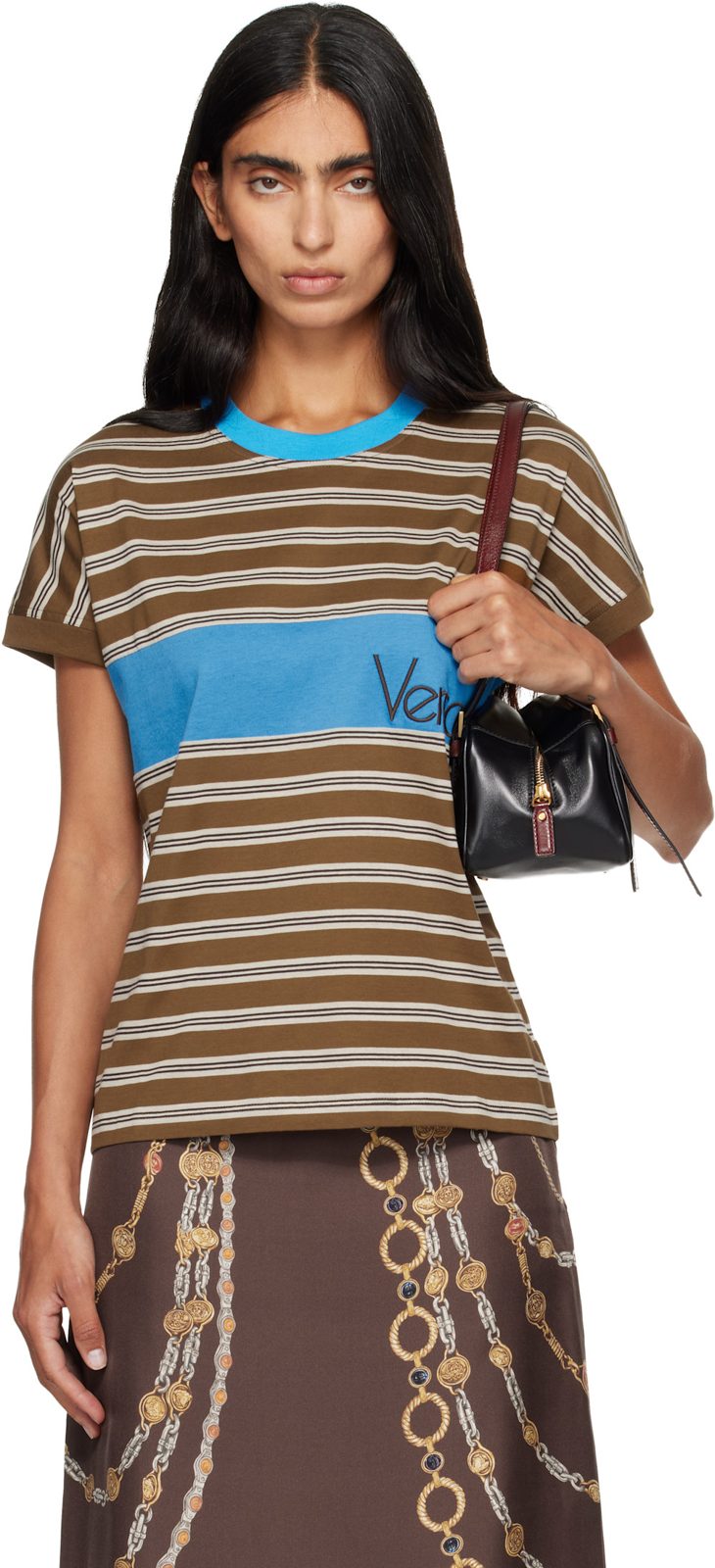 Brown & Blue Embroidered-Logo Striped-Intarsia Cotton T-shirt 262404F110007