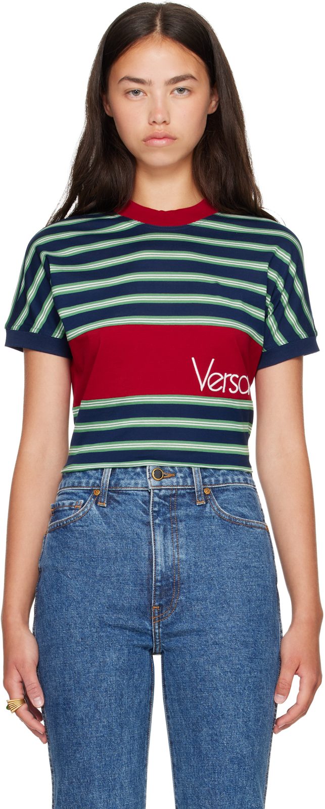 Blue & Red Embroidered-Logo Striped-Intarsia Cotton T-shirt 262404F110005