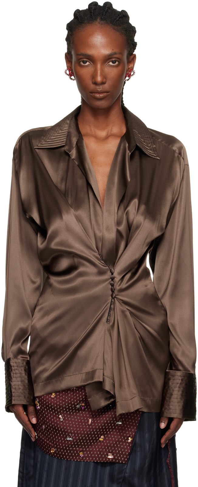 Brown Draped Shirt 252358F109031
