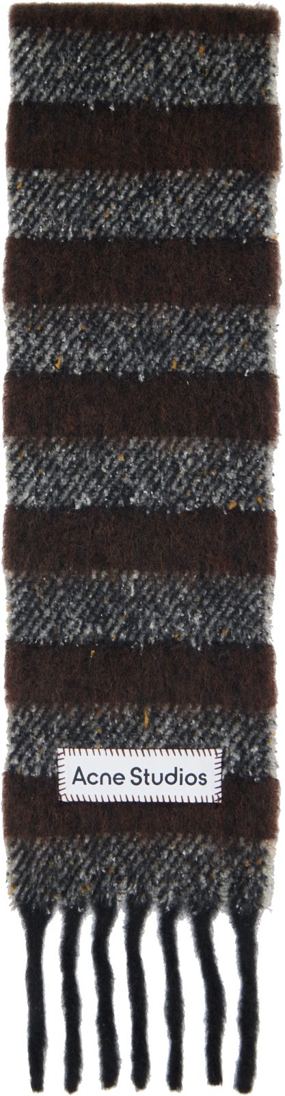 Brown & Gray Fringed Wool Skinny Scarf 261129F028011