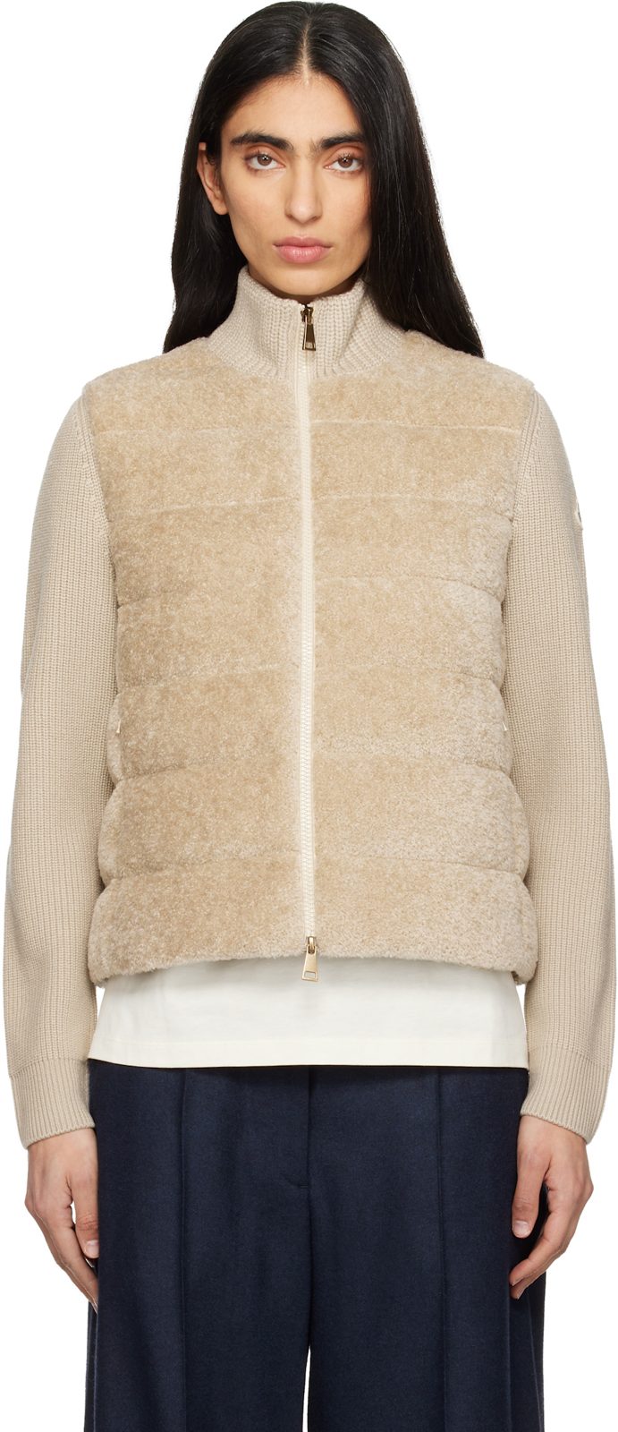 Beige Padded Teddy & Wool Zip-Up Down Jacket 261111F063018