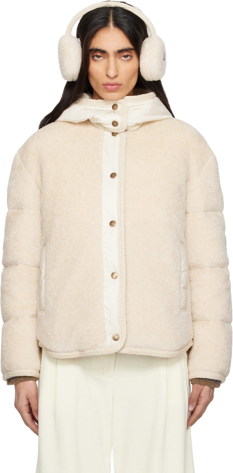Beige Ciboulette Braided Trim Teddy Hooded Down Jacket 261111F063021