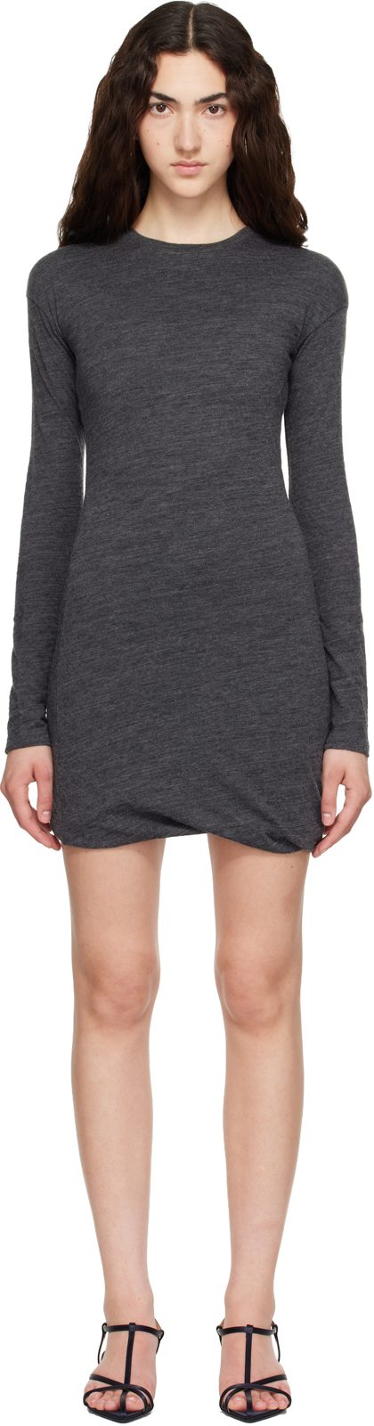 Gray Long Sleeves Crew Neck Double Layer Minidress 262249F052001