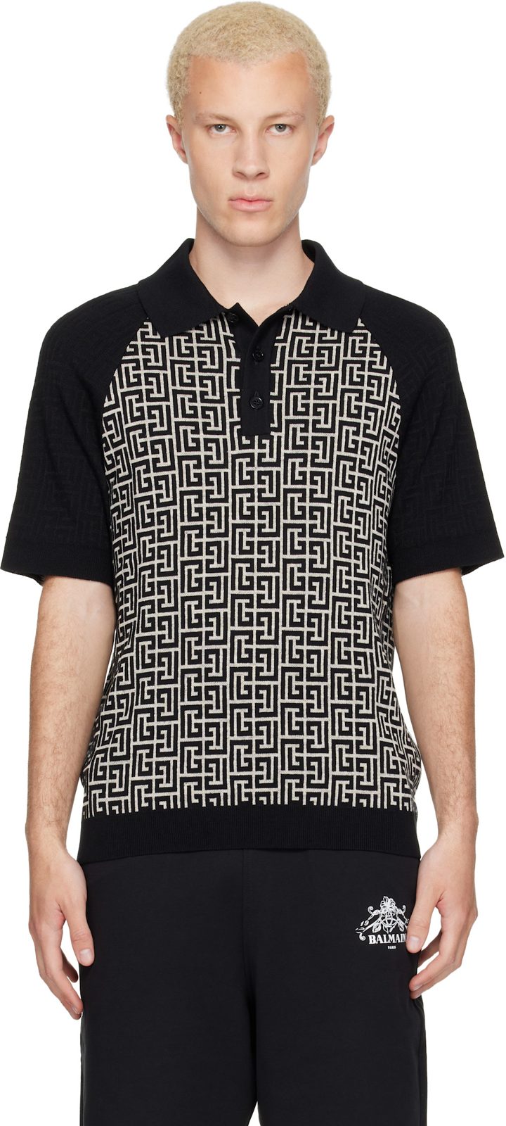 Black & White Monogram Cotton Linen Knit Polo 262251M212010