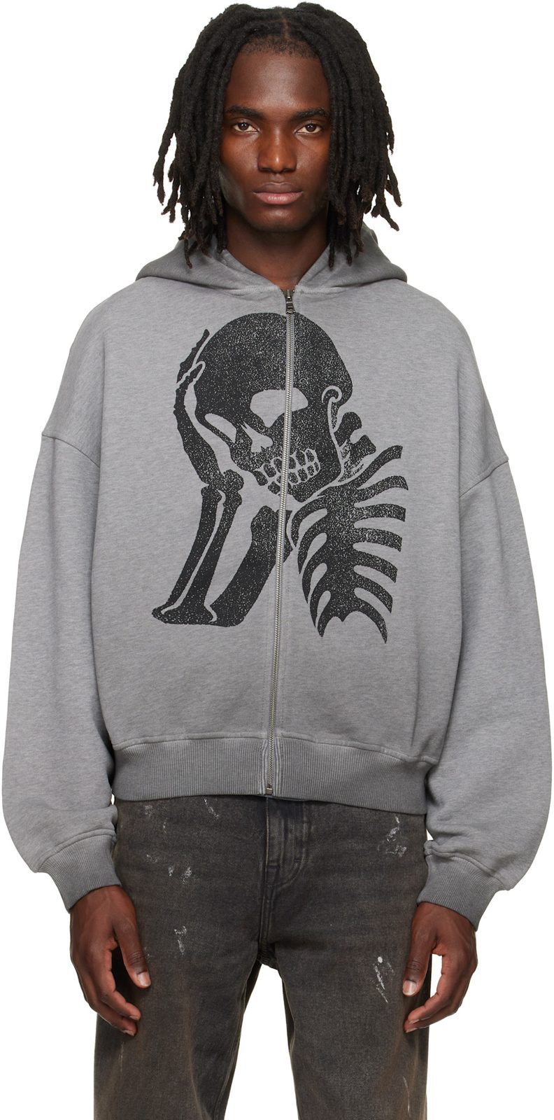 Gray Skull Zipped Loose Hoodie 261695M202021