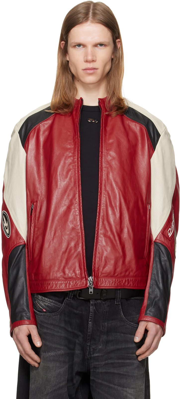 Red Colour-Block Perforated Leather Biker Jacket 262001M181002