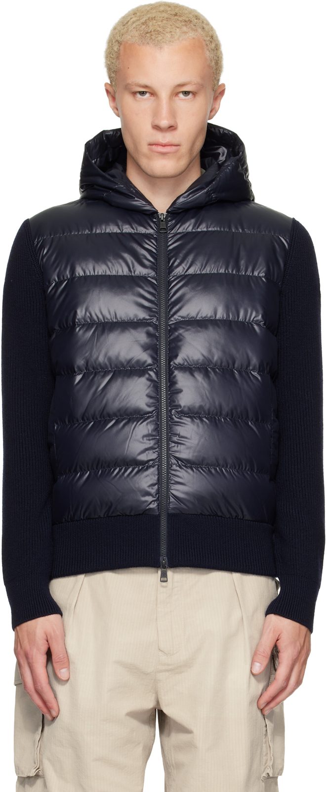 Navy Wool Zip-Up Hoodie Down Jacket 262111M178024