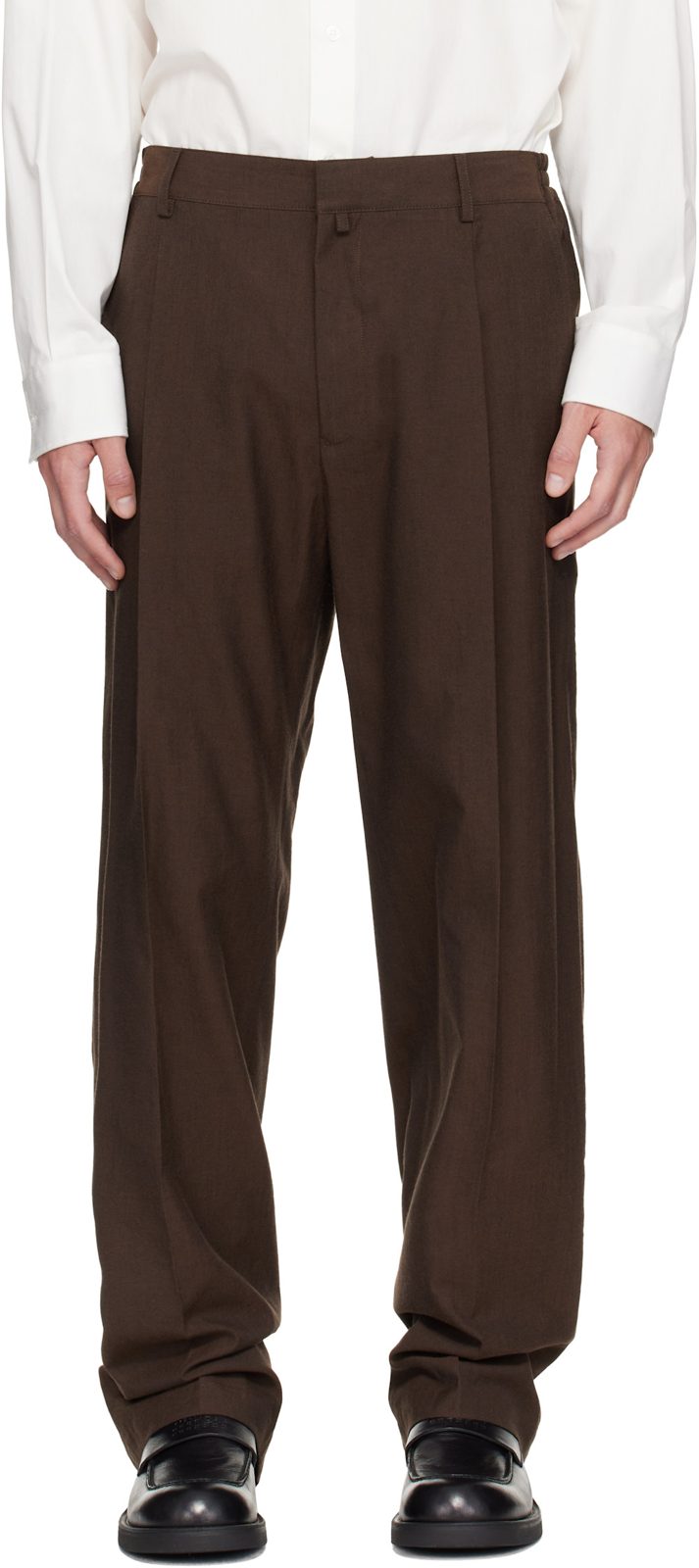 Brown Pleated Cotton Wool Trousers 262188M191006
