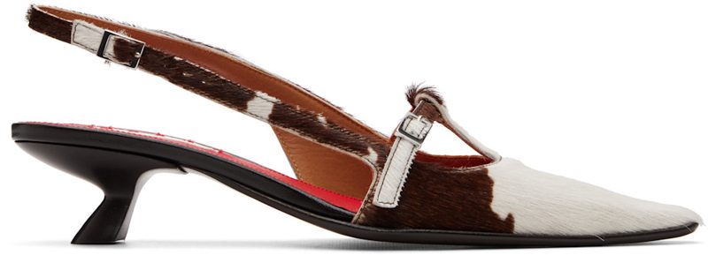 Marni White & Brown Cow-Print Ponyhair Katty Slingback Heels 262379F122003