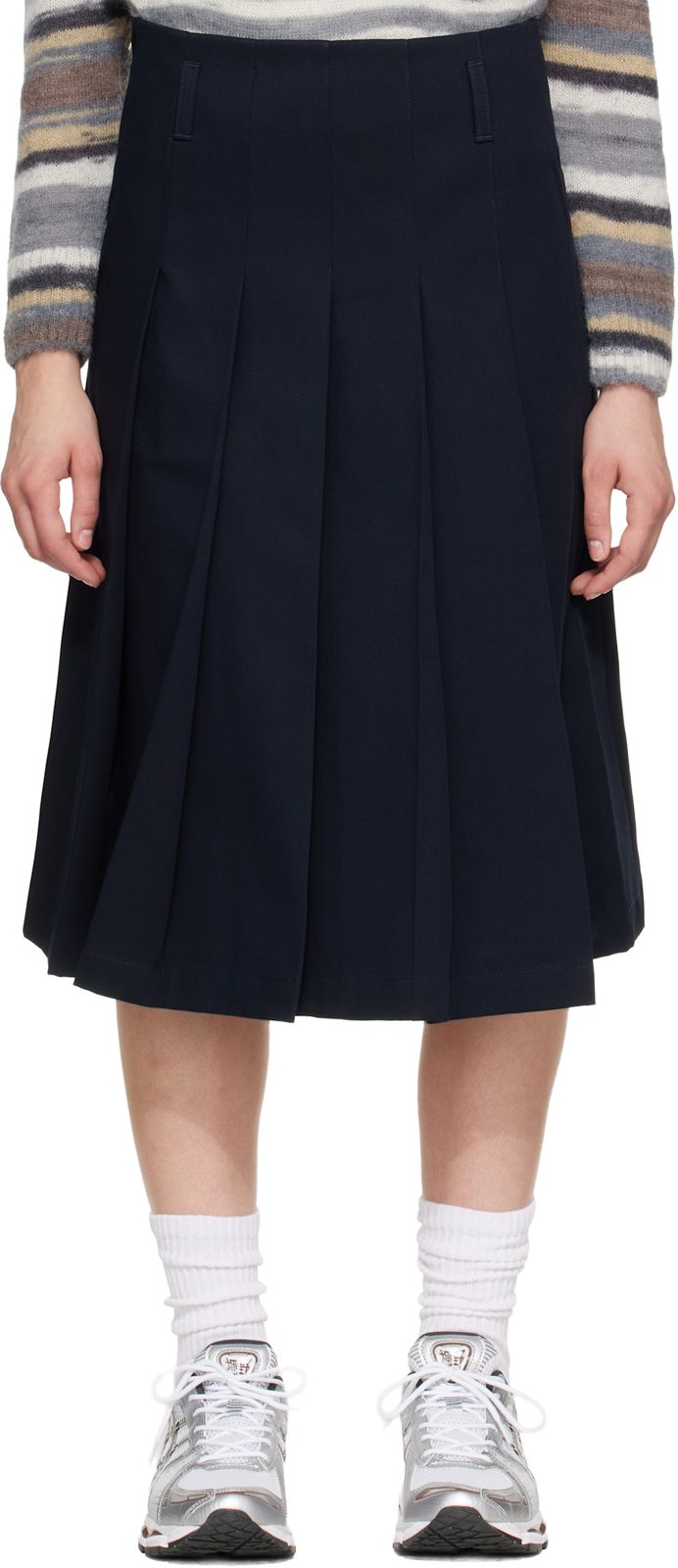 Navy Pleated Midi Skirt 262252F092000