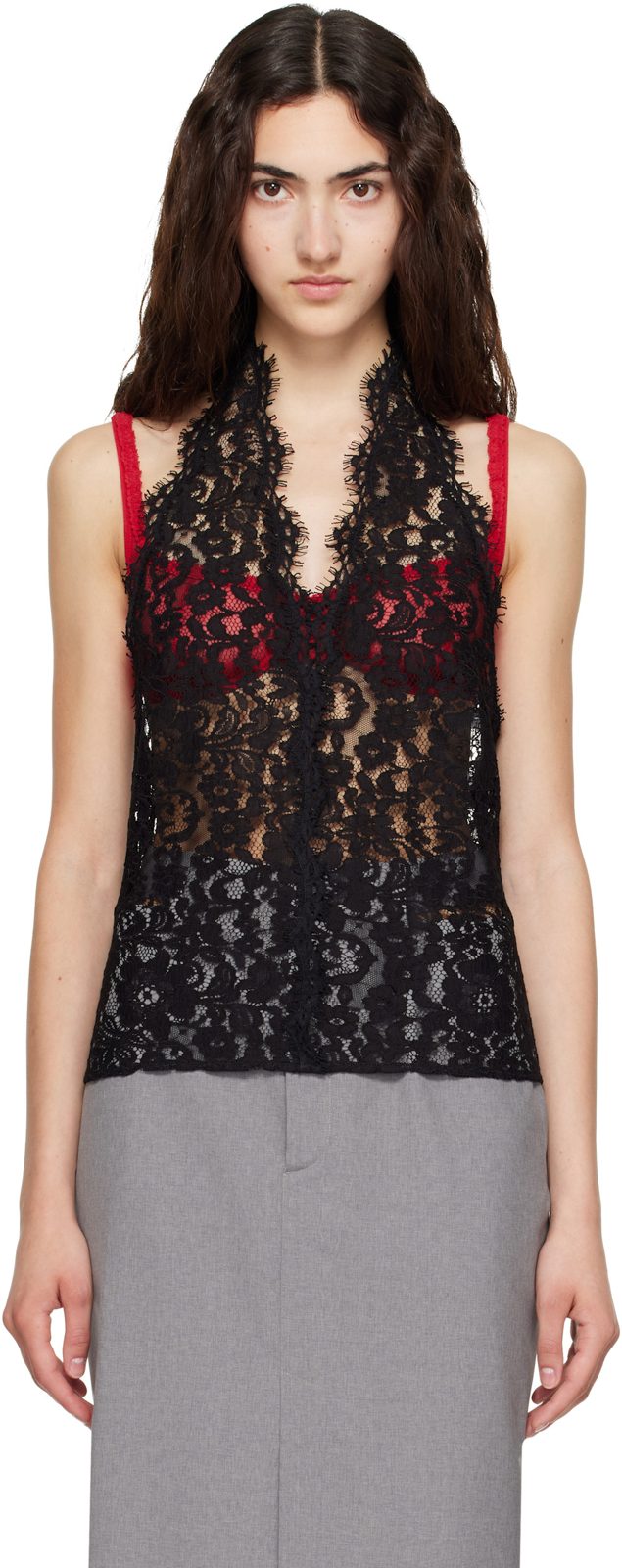 Black Halterneck Lace Top 262471F111001