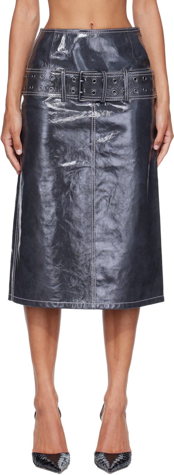 Gray Patent Leather Midi Skirt 262001F092005