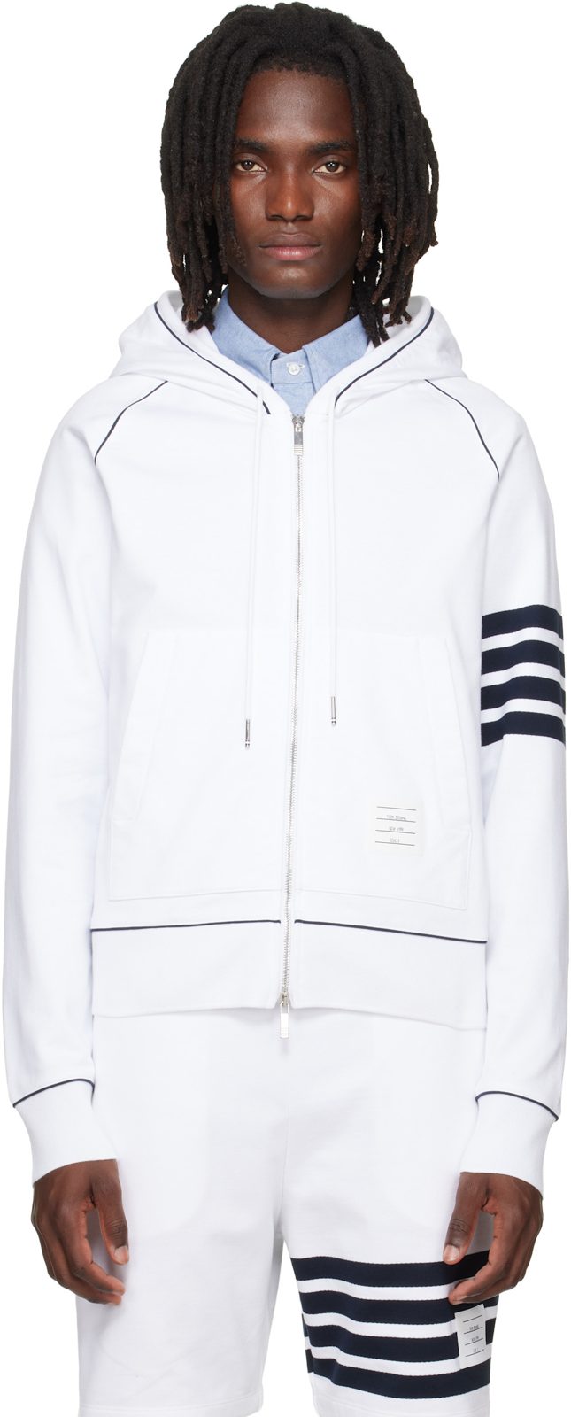 White Loopback 4-Bar Zip Up Hoodie 262381M202001