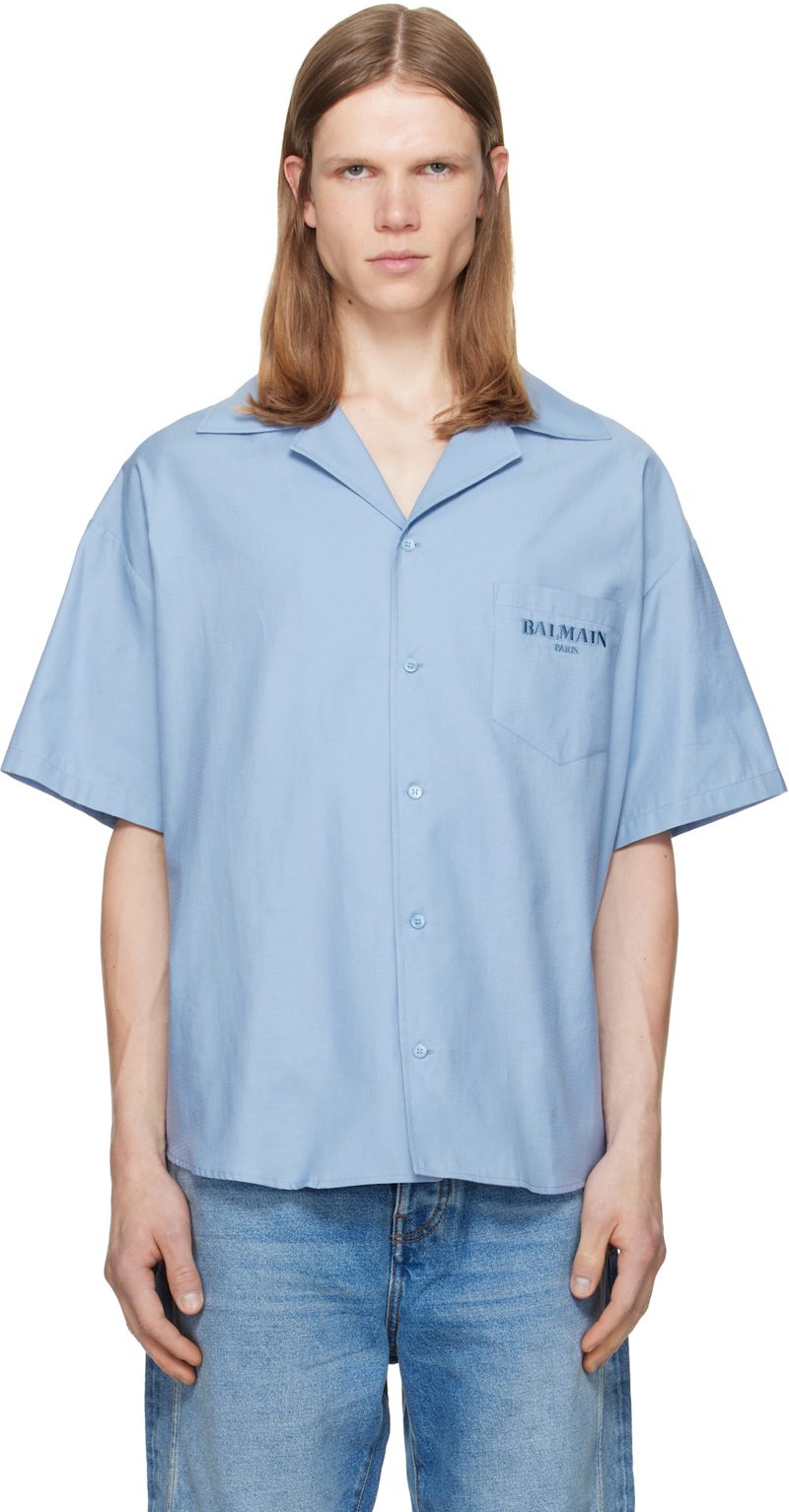Blue Herringbone Poplin Short Sleeve Shirt 262251M192008