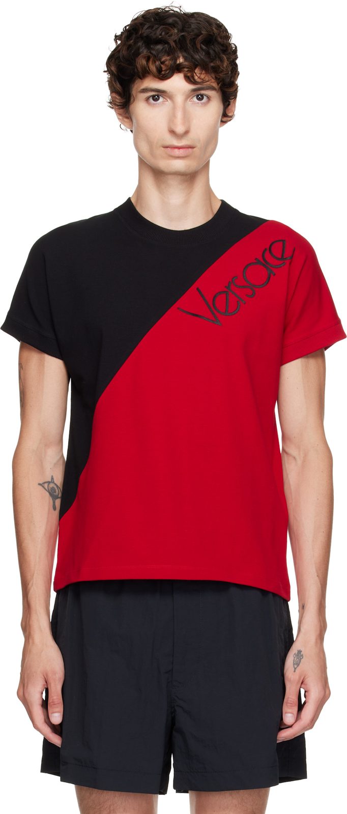 Black & Red Embroidered-Logo Slim T-shirt 262404M213008