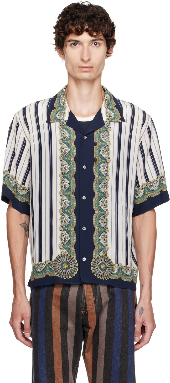 Blue Printed Crepe De Chine Silk Shirt 262404M192010