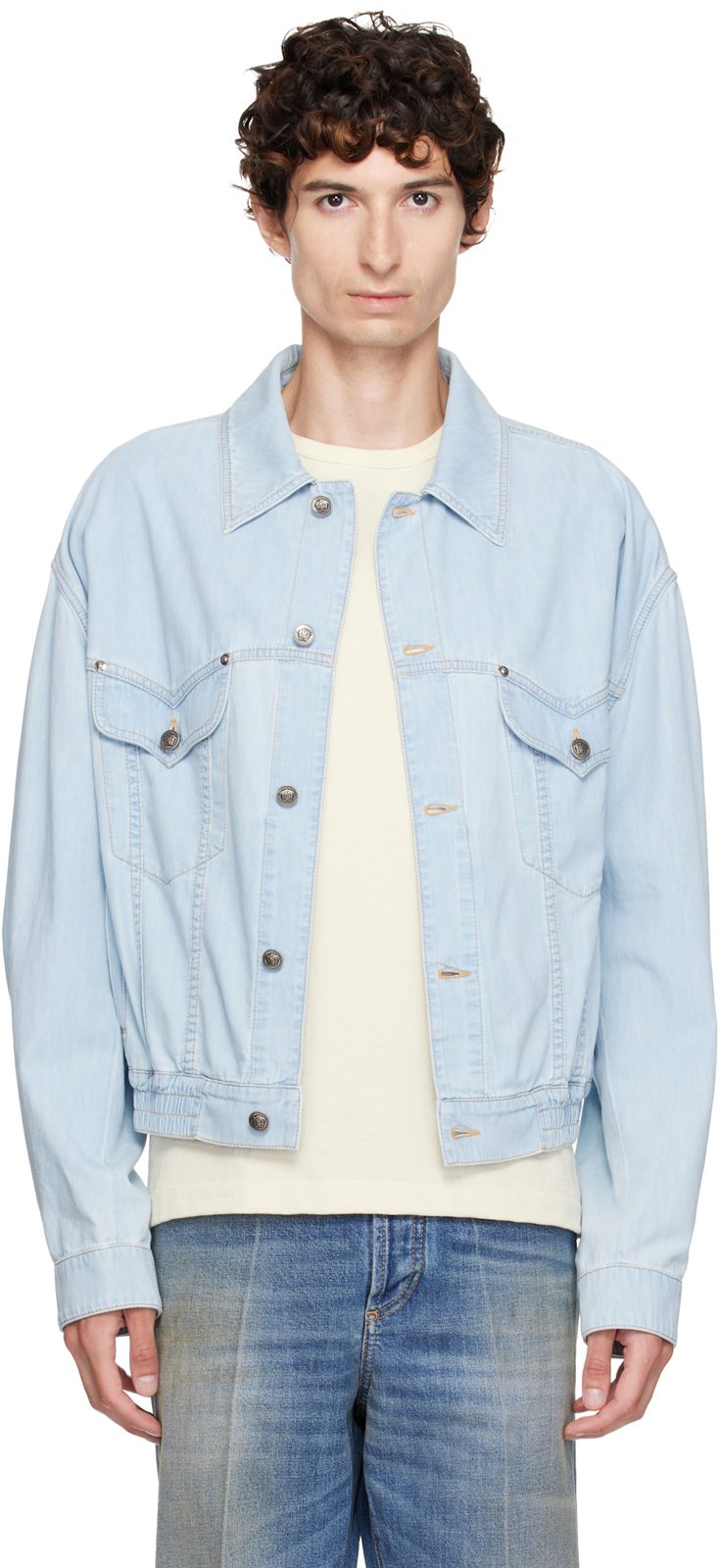 Blue Chambray Denim Bomber Jacket 262404M177002