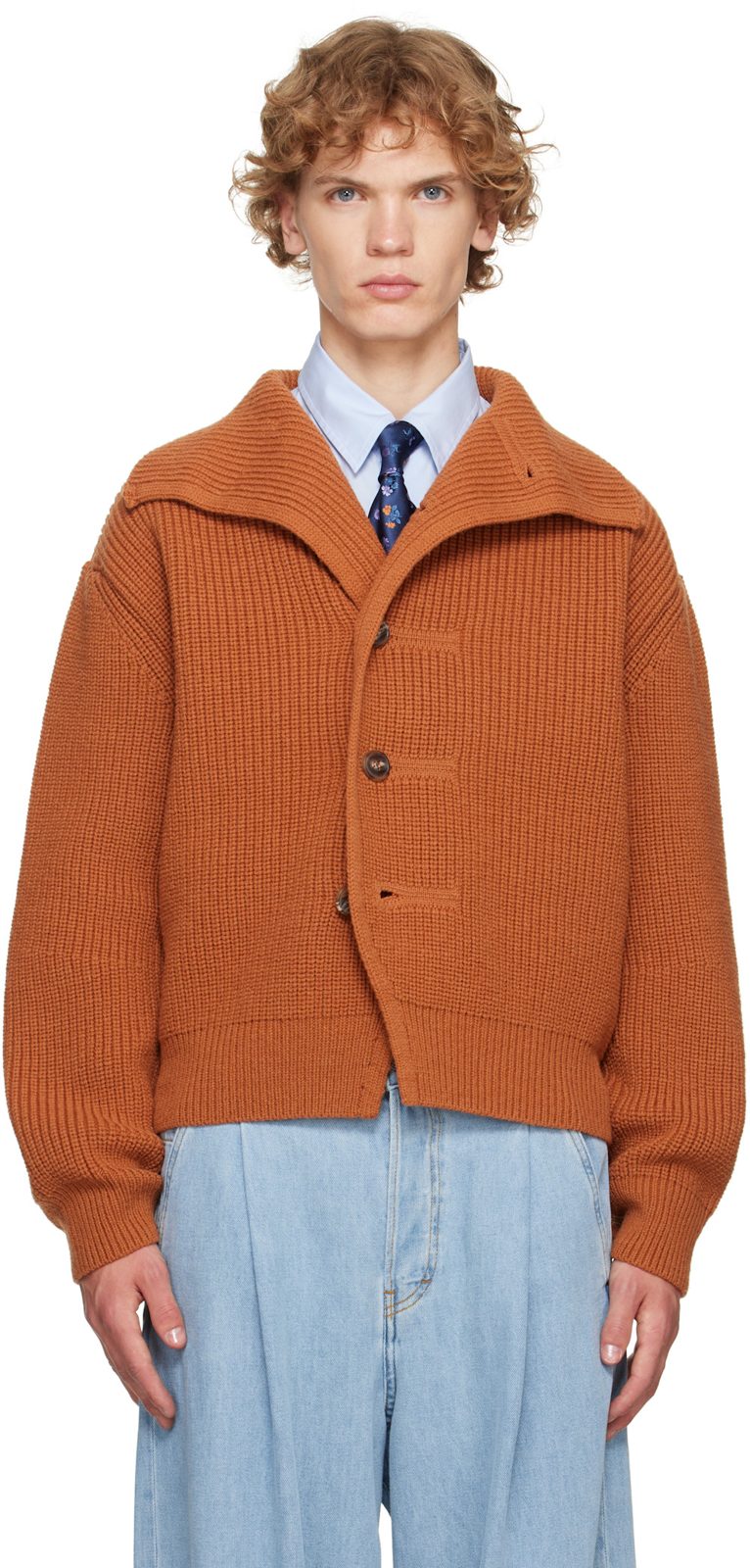Orange Chunky Wool Cardigan 262358M200013