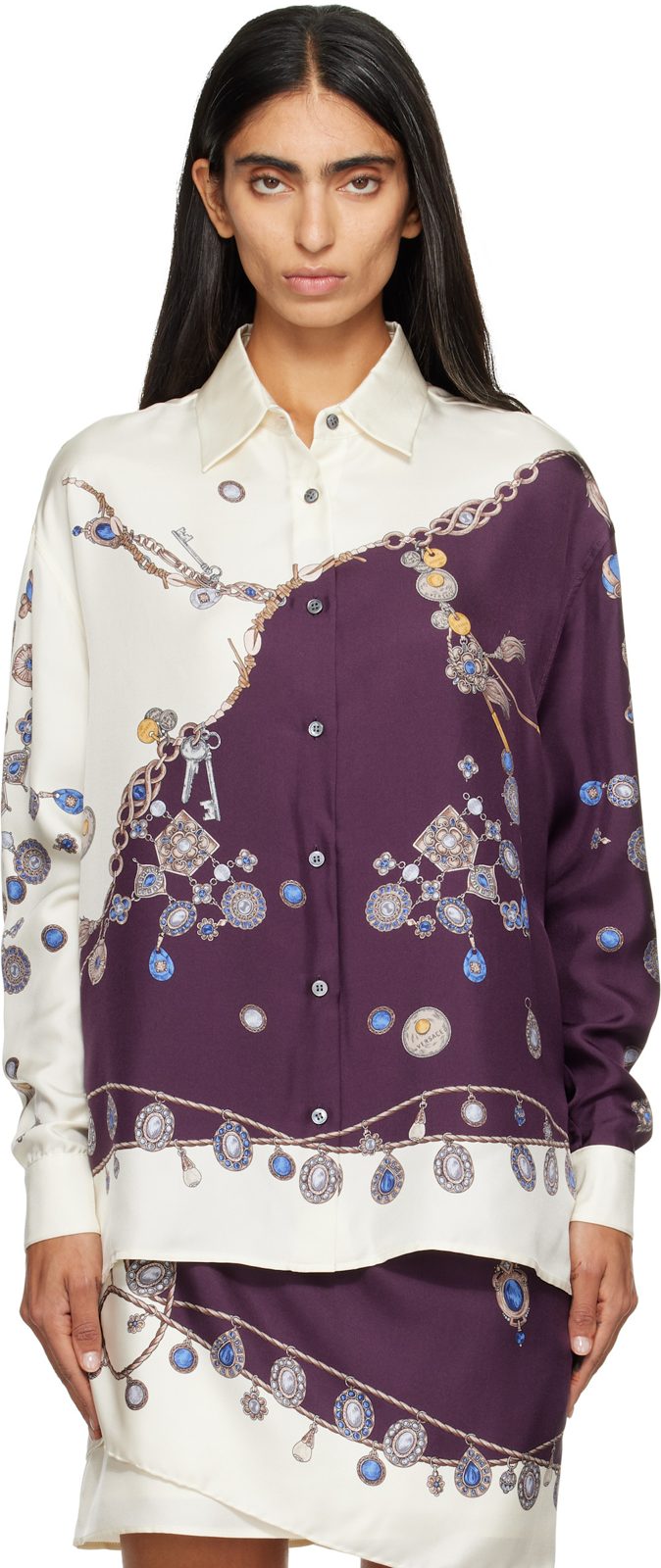 Purple & White Printed Silk Twill Shirt 262404F109000
