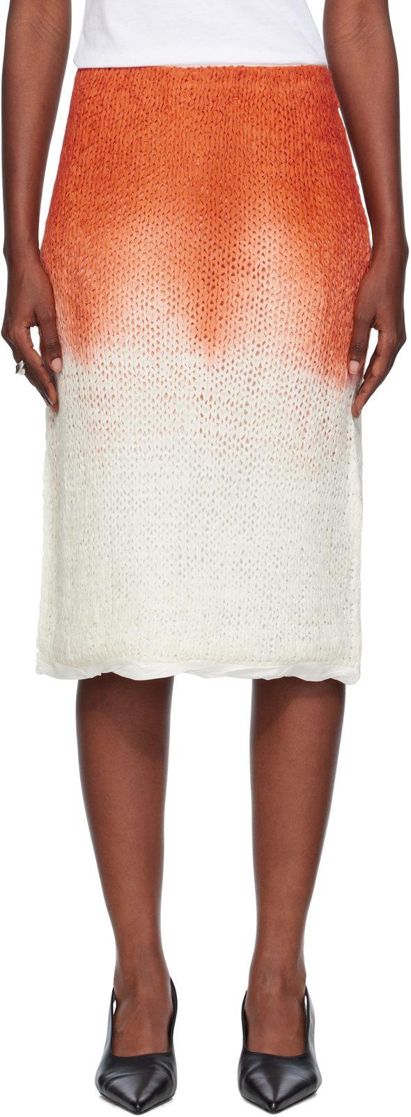 Orange & White Over Dye Knit Midi Skirt 251798F092004