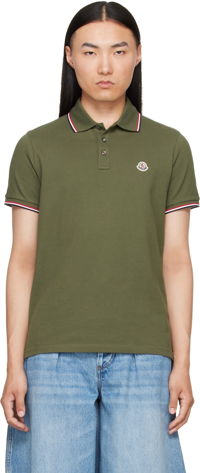 Khaki Tricolor-Trimmed Cotton Piquet Polo 262111M212004