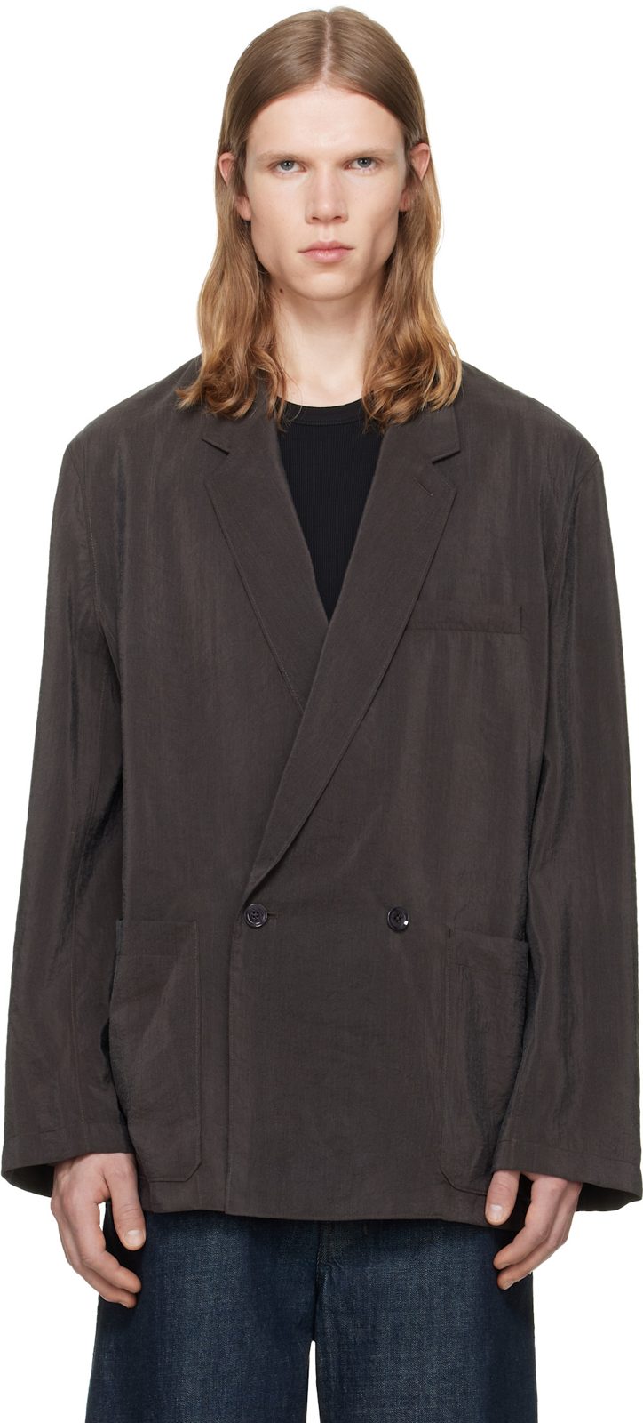 Brown Soft Double Breasted Blazer 262646M195000