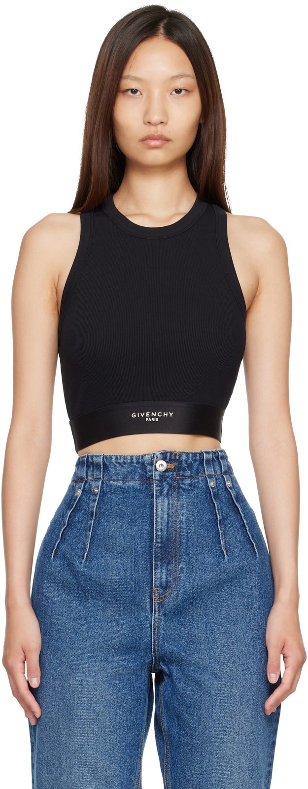 Black Cropped Cotton Tank Top 262278F111002