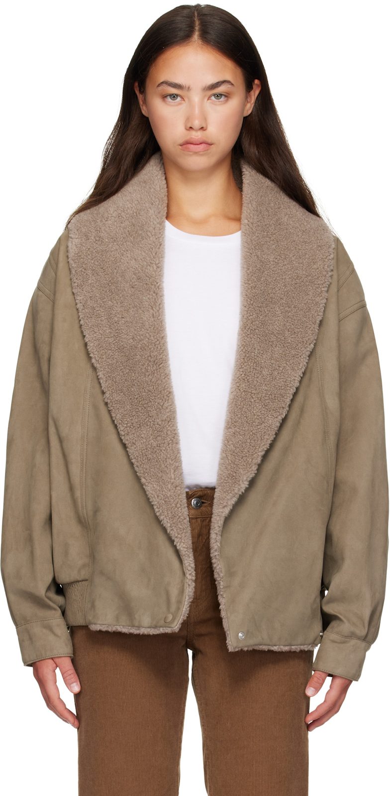Beige Vegan Suede Plush-Trimmed Jacket 262471F063000
