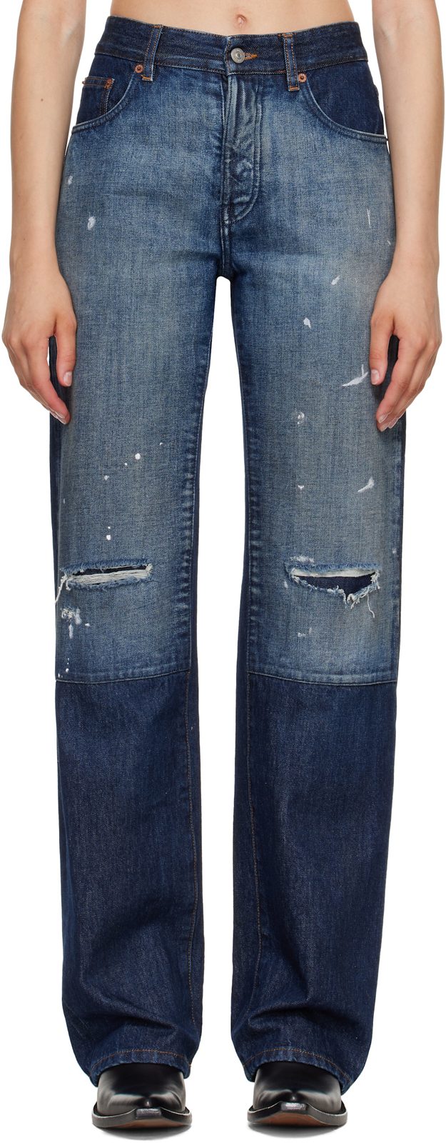 Blue Distressed Panel Denim Jeans 262188F069004
