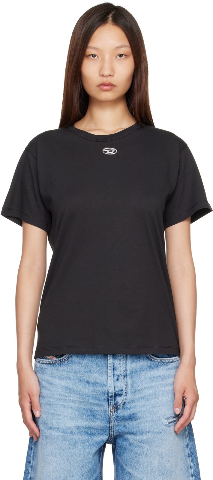 Black Metallic Oval D Cotton T-shirt 262001F052009