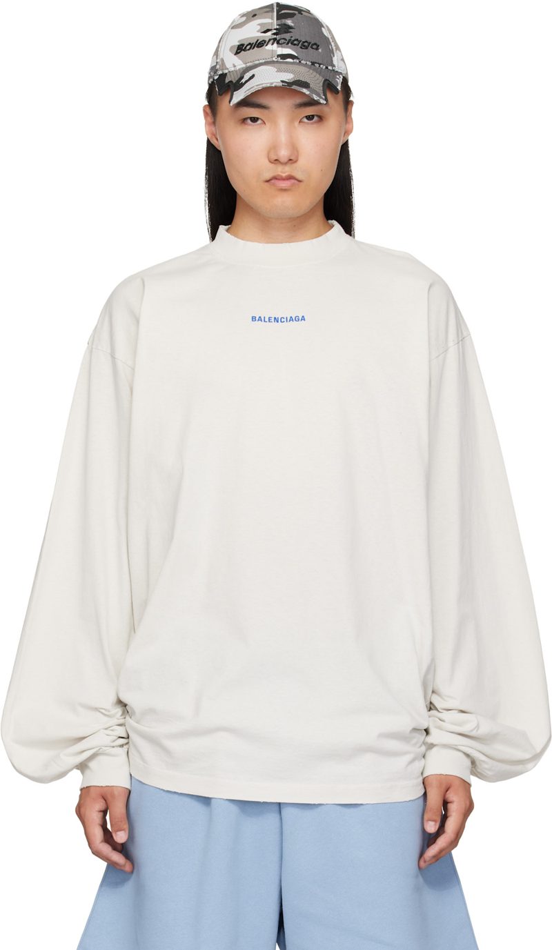 White Distressed Long-Sleeve T-Shirt 262342M213005